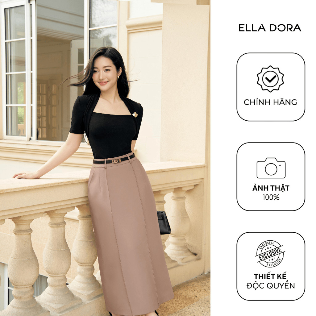 Áo thun nữ ELLA DORA thiết kế cổ vuông đính tag thanh lịch sang trọng 3 màu ĐỎ/ĐEN/NAVY [AT76]
