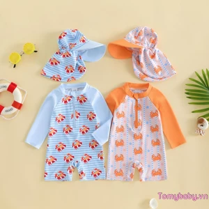 Đồ bơi bé trai Rash Guard Bộ đồ tắm dài tay in hình cua có mũ bơi