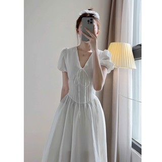 Váy cổ V dáng dài tay phồng phong cách tiểu thư hàn quốc , Váy Maxi Tiểu Thư Dáng Dài Siêu Xinh
