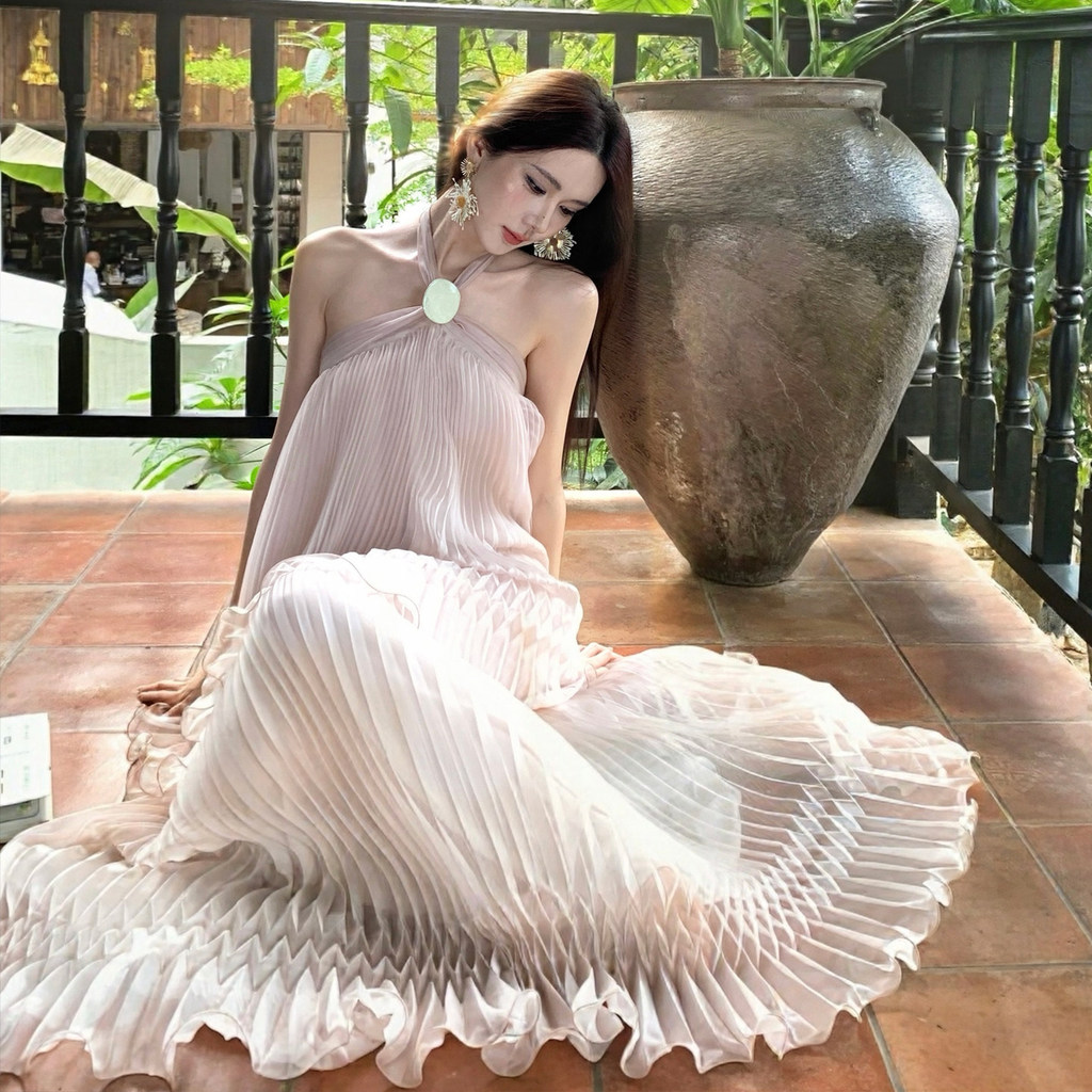 Đầm maxi đi biển xếp li cao cấp tiểu thư Pháp