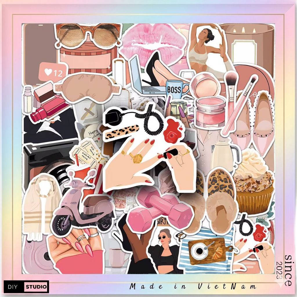 100 sticker các mẫu đồ làm đẹp nữ tính trang trí đồ dùng siêu đẹp chống nước tốt