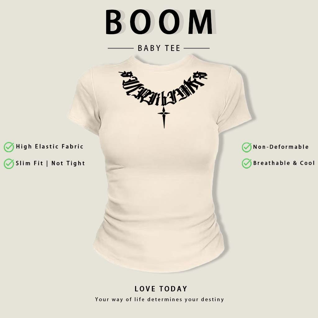 BOOM Áo Baby Tee Nữ Cotton Ôm Body-Áo Thun Ngắn Tay Y2K In Hình PhongCách Mùa Hè, Cổ Tròn Hàng Đầucách hàn quốc phongW75