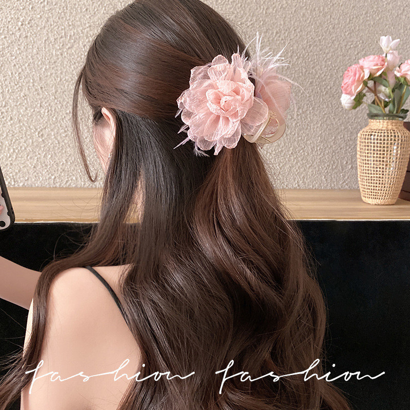Pháp Retro Bán Chạy Hoa Mẫu Đơn Bột Không Khí Voan Hoa Lấy Kẹp Hoa Ngọt Lông Vũ Kẹp Tóc Nữ