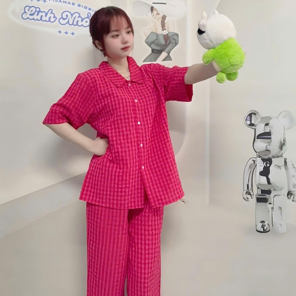 Set Pijama Nữ Caro Cotton Mềm Mát (Tặng Charm Freesize) 45-90kg PJ010 | EmxinhBigsize