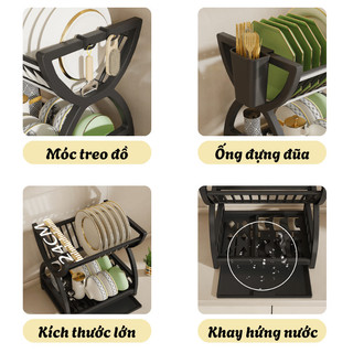 Khay Úp Chén Bát 2 Tầng Có Khay Hứng Nước, Giá Để Chén Đĩa Nhựa ABS Cao Cấp Kèm Ống Đũa Nhà Bếp