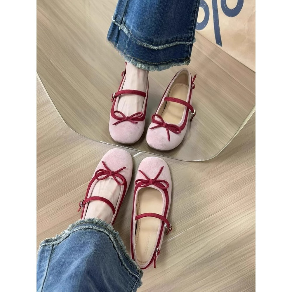 【✨Spot】Giày mary jane nữ nơ màu hồng kiểu Pháp dép/Mũi tròn Đế êm Đế nâng cao Giày nữ Hàng ngày