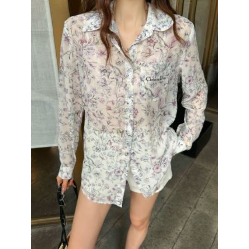 Áo sơ mi nữ trong suốt in hình dáng rộng mới