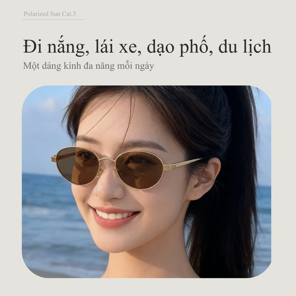 Lensscape Kính mát phân cực dáng oval nhỏ gọng kim loại tròng TAC UV400 dùng khi đi nắng ban ngày