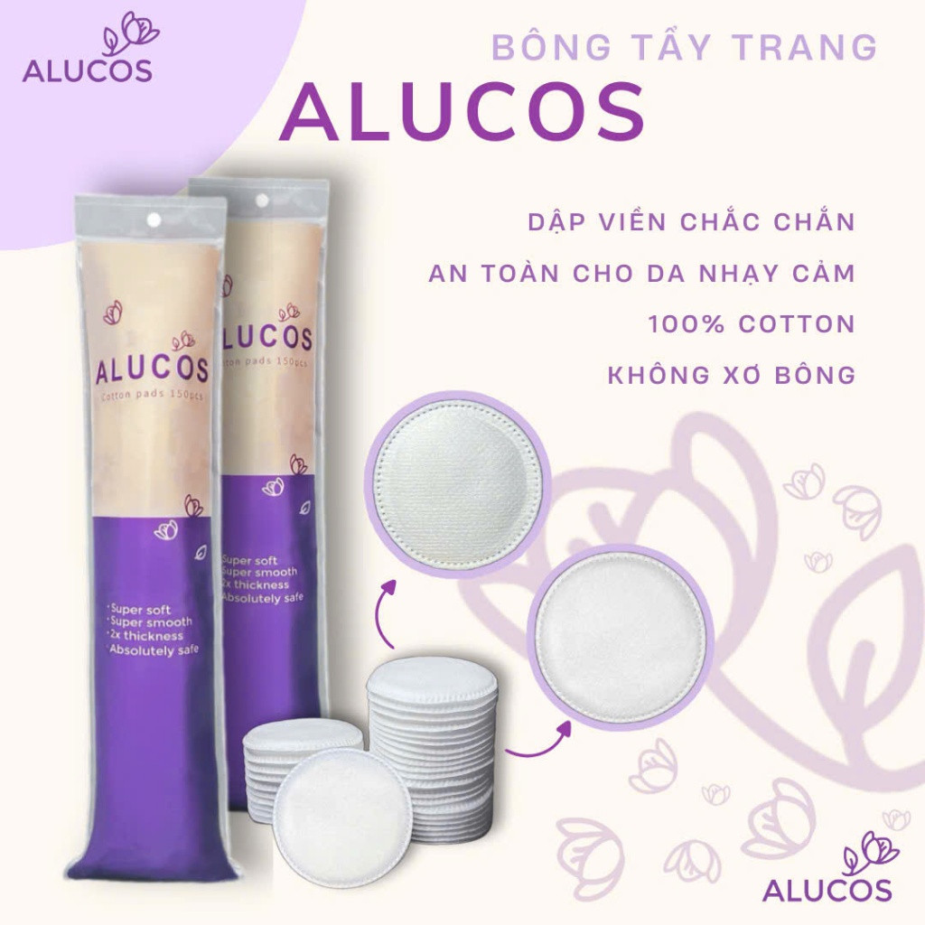 Bông Tẩy Trang Alucos Tròn 150 Miếng Siêu Xịn, Mềm Mịn, Bông Tẩy Trang Cotton 100% Ép Viền Dịu Nhẹ Cho Da An Lành