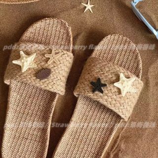 Giảm giá hấp dẫn!Phong cách thích hợp độc quyền ~ Nút dễ thương Vỏ sao biển Nhật Bản Dép vải lanh ống hút phong cách mới Dép xỏ ngón bán chạy