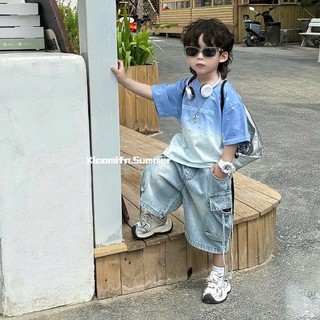 12-27kg Bộ bé trai áo loang ombre xanh mix quần bò túi hộp MH nhí