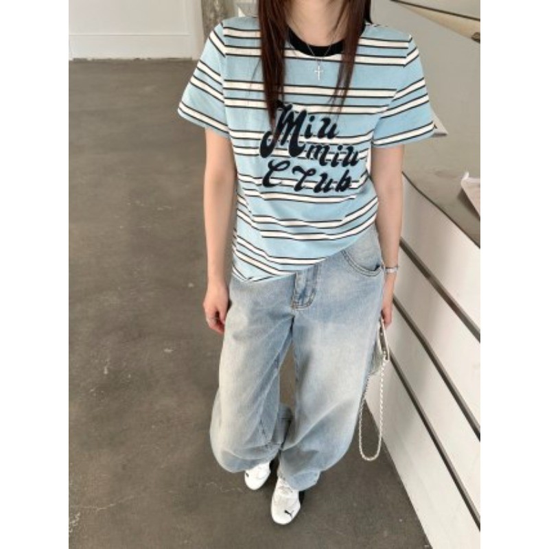 Áo thun Cotton sọc cổ tròn ngắn tay mới dành cho nữ