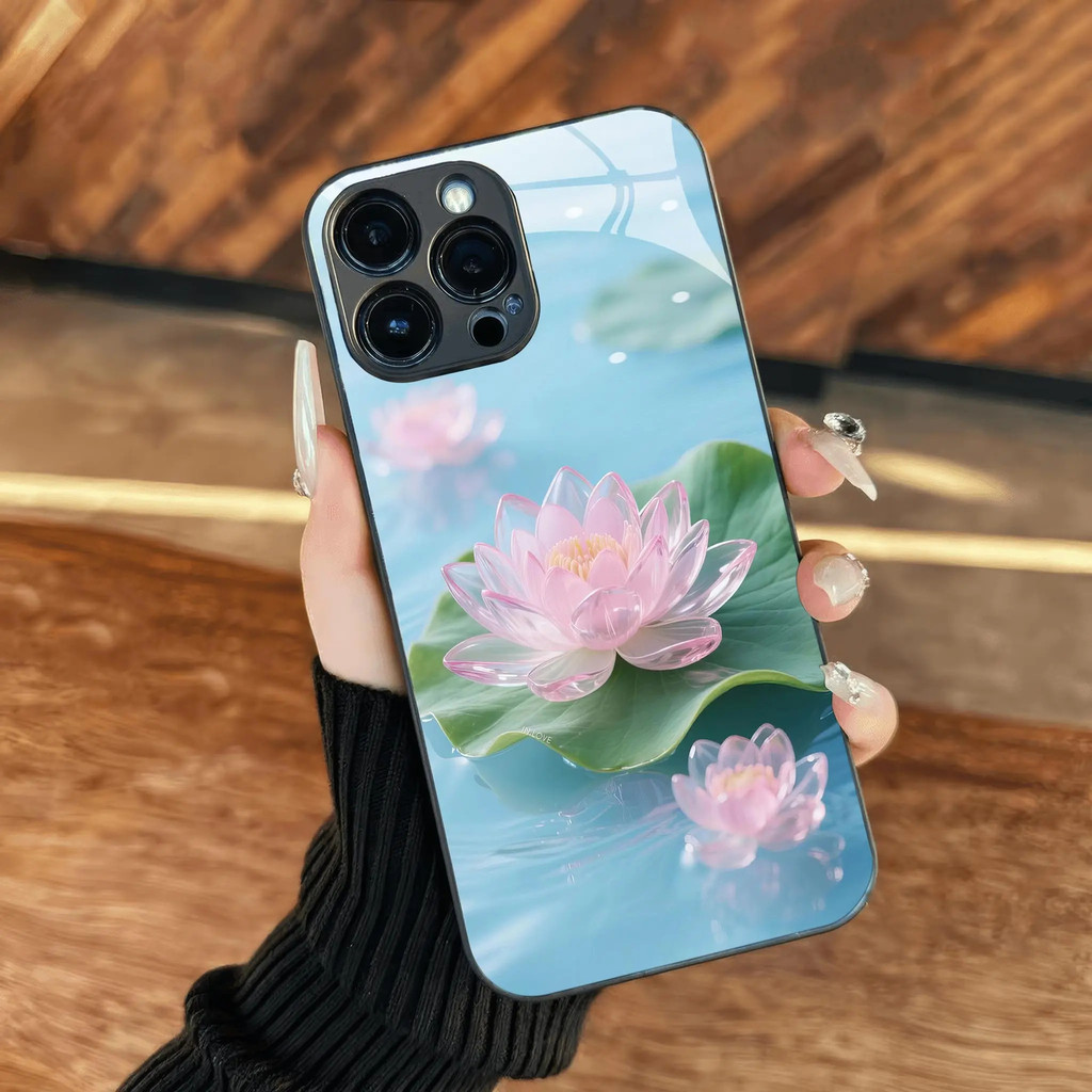 Ốp lưng kính nước hoa sen hồng trên hồ cho iPhone 17 16 15 14 13 12 11 8 7 6 6s 6p 7p 8p 6g 7g 8g 16e Pro Max XR XS xsmax Plus Air Promax mini Lady Case điện thoại Ốp lưng