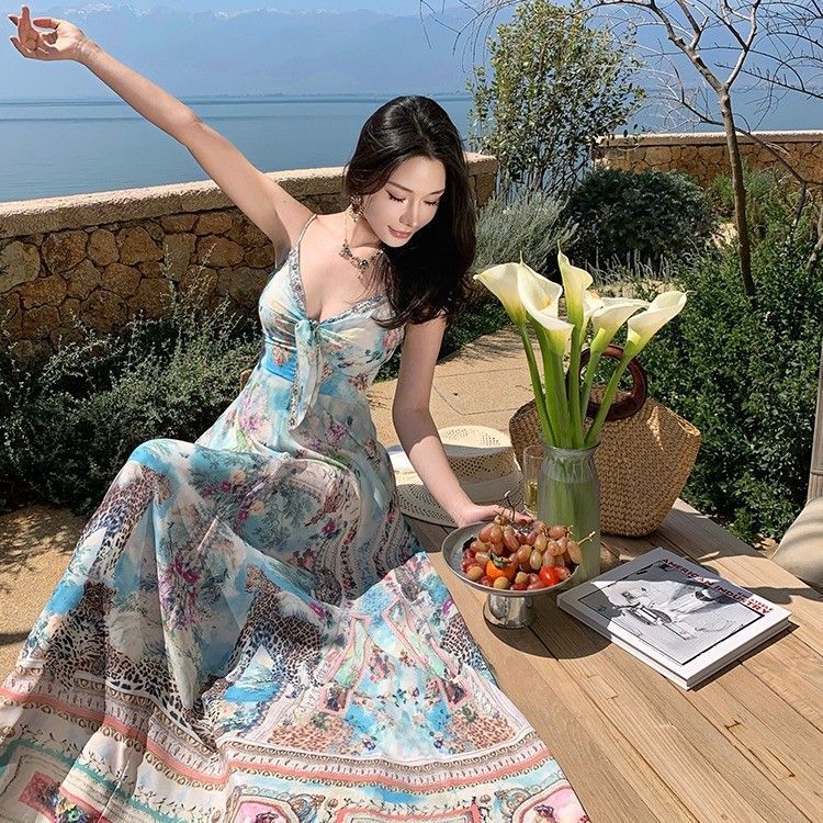 Đầm boho cổ chữ V sling, váy dài sang trọng cho ngày lễ mùa hè