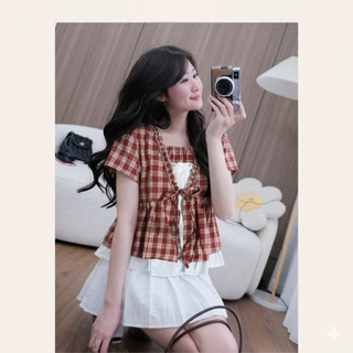 Áo Babydoll Phối Viền Bèo 2 Lớp Thắt Nơ Thời Trang Nữ, Áo Kiểu babydoll tiểu thư siêu xinh