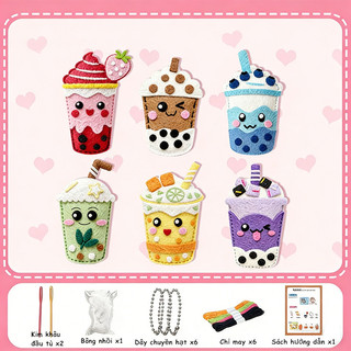 【BabyJoy】Set DIY trà sữa siêu xinh,Bộ dụng cụ tự làm thêu,làm móc khóa treo túi,Kèm Len, Kim An Toàn & Phụ Kiện