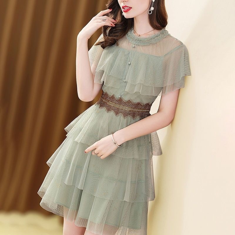 Váy Liền Phối Ren Lưới Mẫu Mới Mùa Hè Váy Bánh Bèo Nữ Cổ Tích Tôn Dáng
