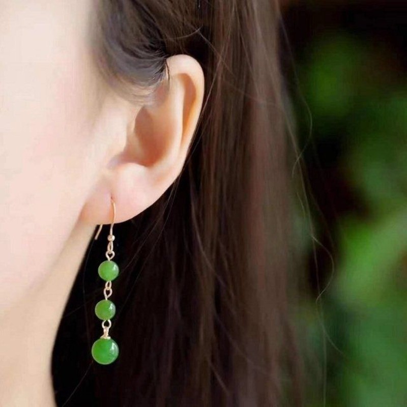 Bông tai hạt tròn màu xanh lá cây tự nhiên, phong cách cổ điển Trung Quốc mới