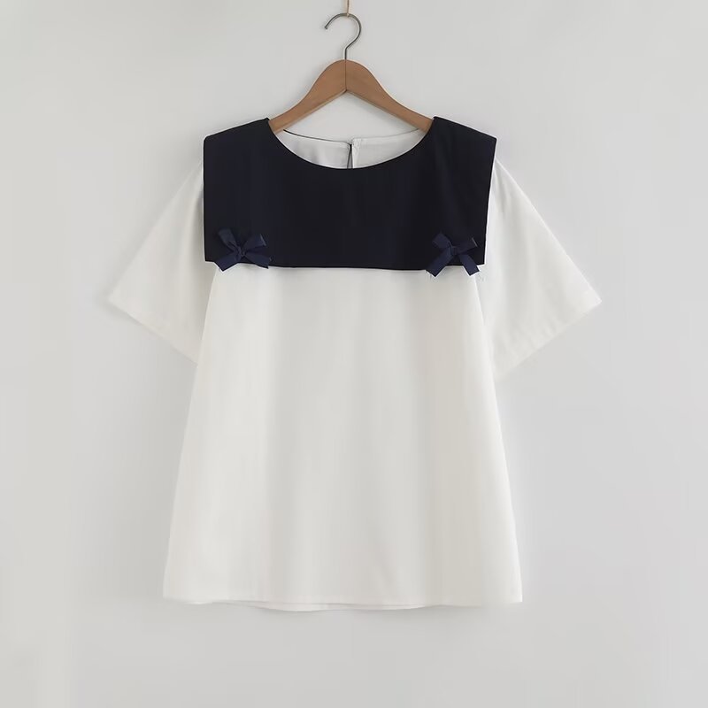[Sẵn Sàng] Áo Sơ Mi Nữ Tay Ngắn Mùa Hè, Sợi Cotton Cao Cấp, Cổ Hải Quân Thắt Nơ