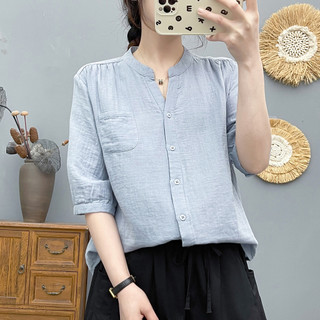 Áo sơ mi nữ cotton cổ chữ V, tay vừa, form rộng nhẹ, phù hợp mùa hè