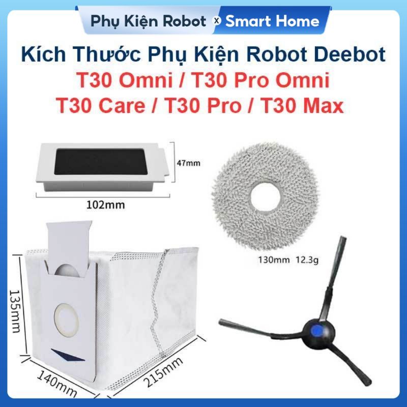 Phụ Kiện Thay Thế Robot Deebot T30 Omni, T30 Pro Omni, T30 Care, T30 Pro, T30 Max, Chổi Cạnh, Bộ Lọc, Túi Bụi & Giẻ Lau