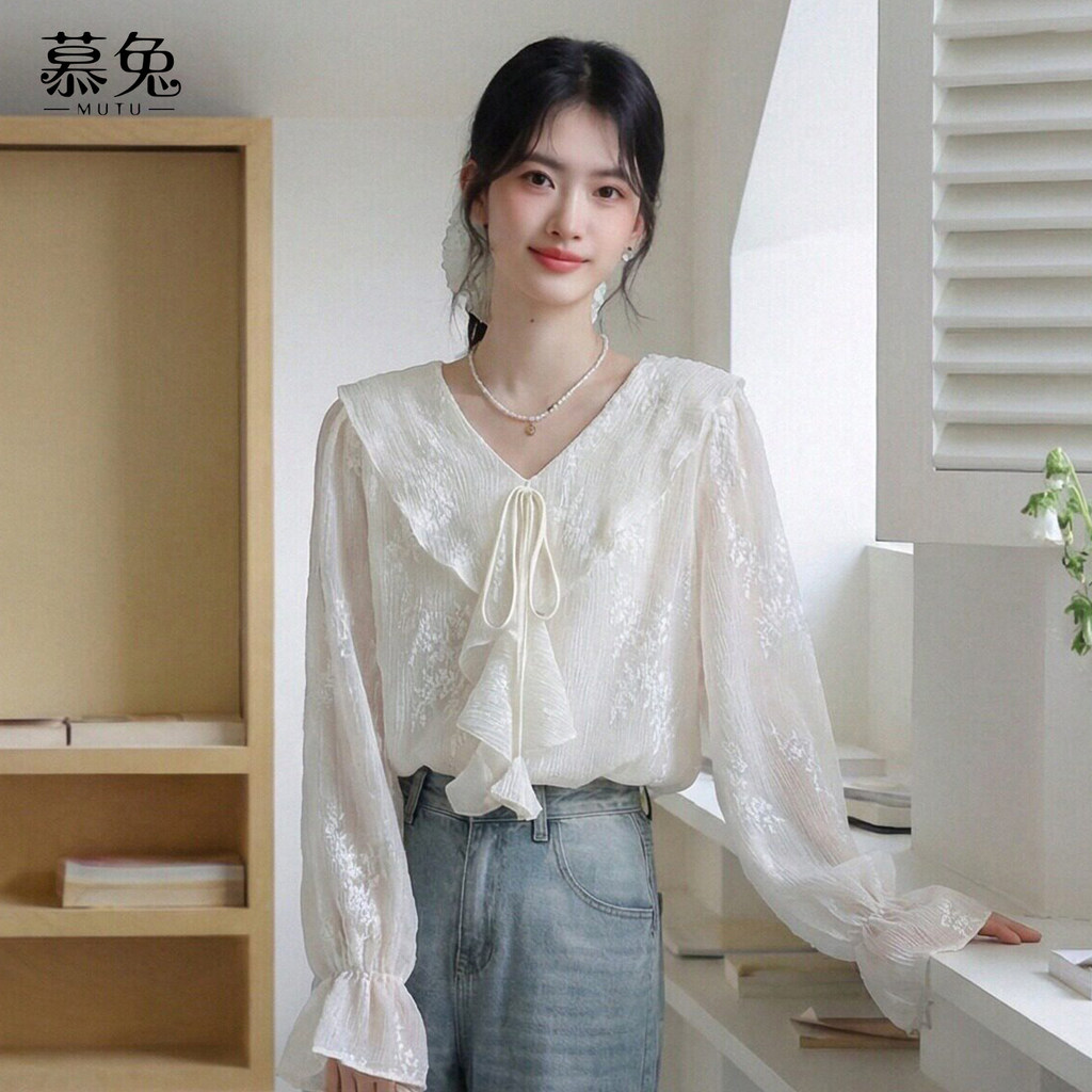Mutu Áo sơ mi nữ Jacquard xù mùa xuân 2026 phong cách mới tinh tế
