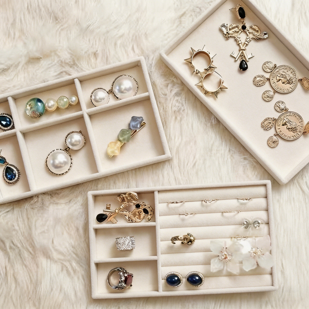 Hộp đựng đồ trang sức nhung Hộp sắp xếp ngăn kéo có thể xếp chồng lên nhau cho nhẫn, bông tai, dây chuyền & vòng tay | Khay đựng đồ trang sức lót mềm màu be cho tủ quần áo & Vanity