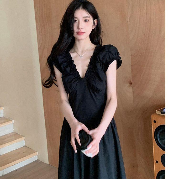 [Khuyến mãi 50%] Váy dài kiểu Pháp phong cách Hepburn, cổ chữ V, thiết kế eo hẹp, chất liệu cao cấp cho nữ mùa hè