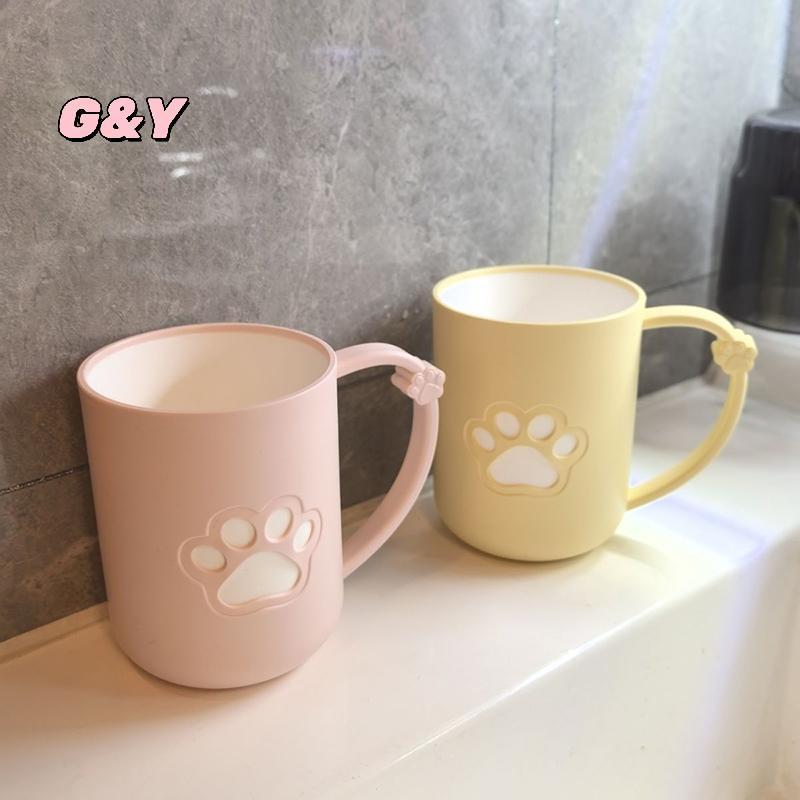 [G & Y-t] Cốc đựng bàn chải đánh răng cặp đôi Bàn chân mèo hoạt hình bằng nhựa dễ thương có tay cầm cho cốc rửa miệng trong phòng tắm [Mới]