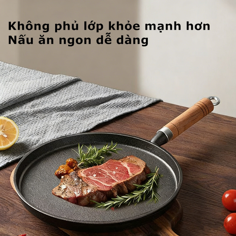 Chảo gang thủ công 20cm, chống dính tự nhiên, đáy bằng, dùng bánh xèo, bít tết, mọi bếp