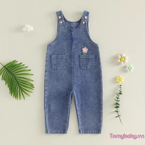 Áo liền quần Denim cho bé gái Bộ áo liền quần đóng nút hoa ngọt ngào có túi cho hàng ngày