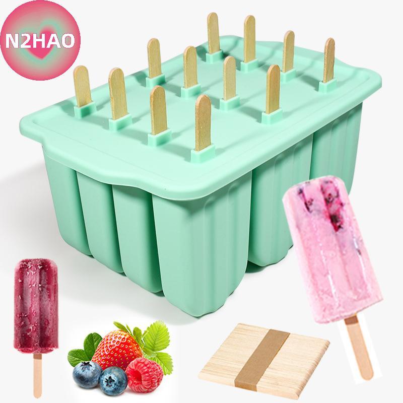 N2HAO 12 Khuôn Làm Kem Liên Tiếp Dễ Dàng Tháo Rời Khay Silicon Popsicle Cho Tủ Đông Tự Chế Đá Có Nắp Nhà Bếp Món Tráng Miệng n