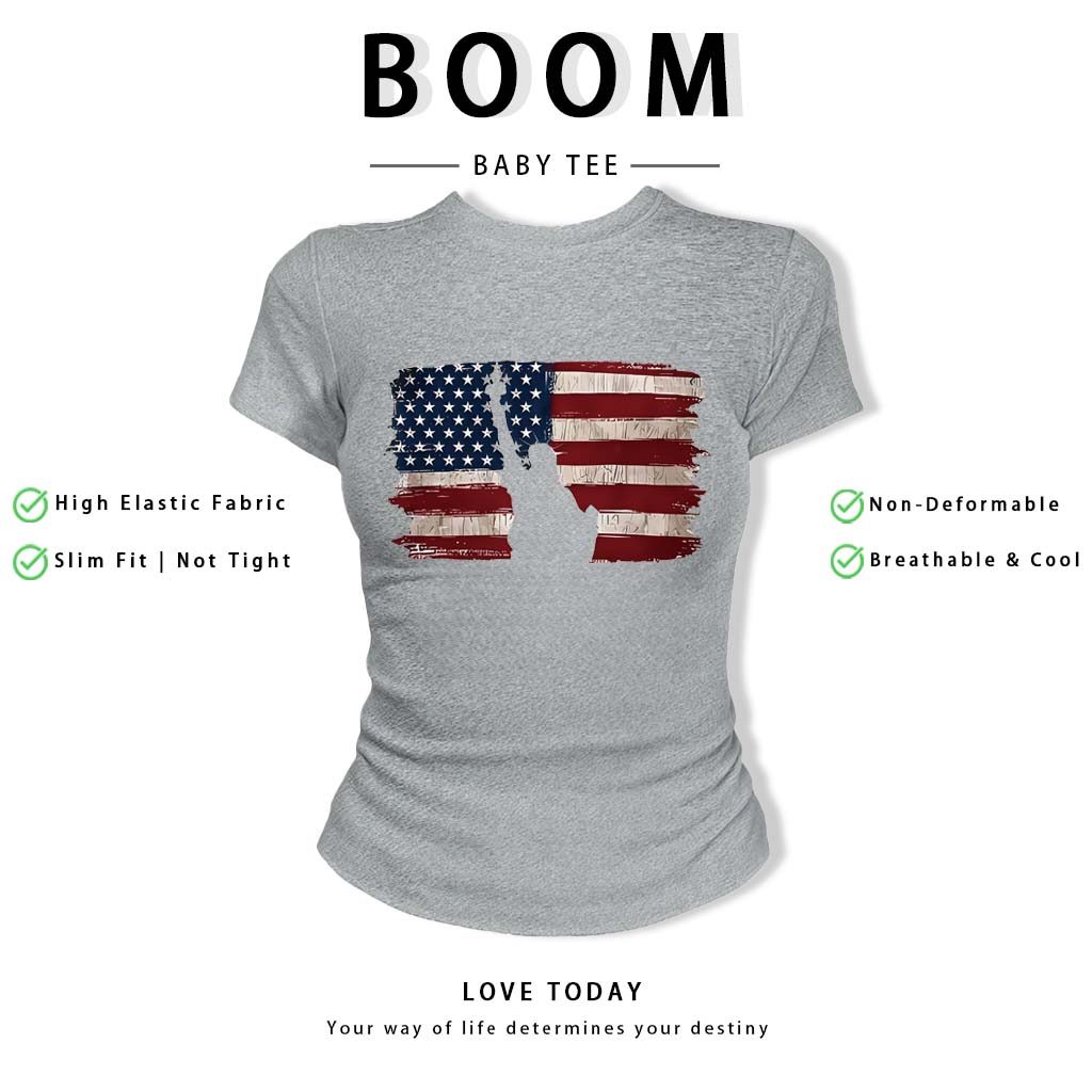BOOM Áo Baby Tee Nữ Cotton Ôm Body-Áo Thun Ngắn Tay Y2K In Hình PhongCách Mùa Hè, Cổ Tròn Hàng Đầucách hàn quốc phongQ43