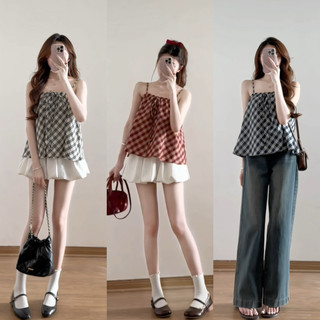 Set áo 2 dây kẻ kèm áo cardigan dài tay phong cách Hàn Quốc, Set áo kẻ Tiểu Thư Siêu Xinh