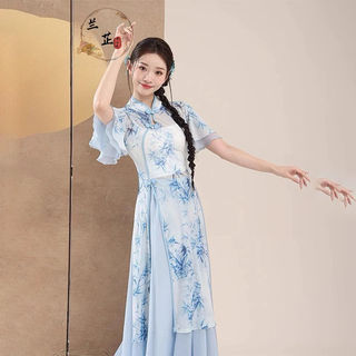 Váy sườn xám gạc kiểu Trung Hoa cổ điển, cao cấp phong cách thanh lịch nhẹ nhàng cho Nữ