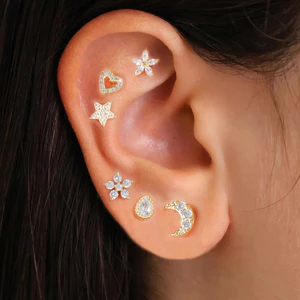 Khuyên tai hình xương và móng tay làm từ thép không gỉ micro-dát zircon, thiết kế nhỏ gọn phù hợp với lỗ tai xuyên.