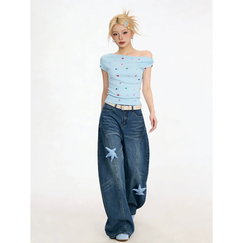 Áo Thun babytee Màu chấm bi in hình vai nghiêng mùa hè Dopamine Color Series
