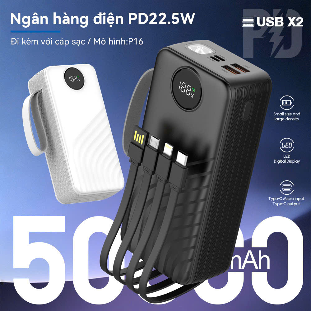 Pin Sạc Dự Phòng 50000mAh Sạc Nhanh 4 Dây Cáp Tích Hợp Chứng Nhận 3C Màn Hình LED Hiển Thị Đèn Pin Chiếu Sáng