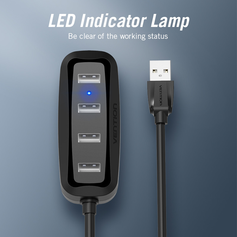 Hub Chia USB 4 Cổng Vention USB2.0 Có LED - Bộ Chia USB Adapter Cho Laptop PC MatBook Tốc Độ 480Mbps