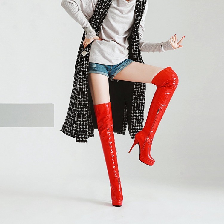 VNHX32-48 Kích Thước Lớn Kích Thước Nhỏ Gợi Cảm Phong Cách Châu Âu Mỹ Ngón Chân Tròn Giày Cao Gót Trên Đầu Gối Dây Lưng Hộp Đêm Bằng Sáng Chế Da Bóng Nền Tảng Chống Thấm Nước Bo