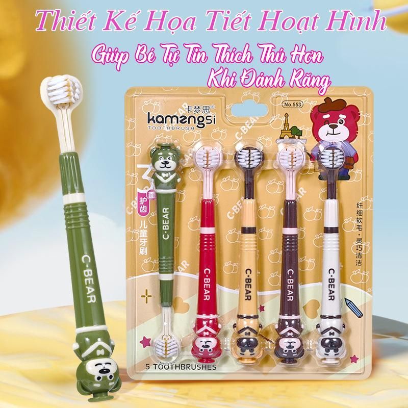 [Bộ 5 chiếc] Bàn Chải Đánh Răng Trẻ Em 3D Hoạt Hình Thiết Kế Lông Mềm Ba Mặt Phù Hợp Cho Trẻ Từ 3-12