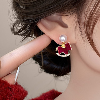 Bông tai bạc 925 với kim đỏ nhung ngựa, kim cương và ngọc trai - Phong cách Trung Hoa retro sang trọng cho năm mới