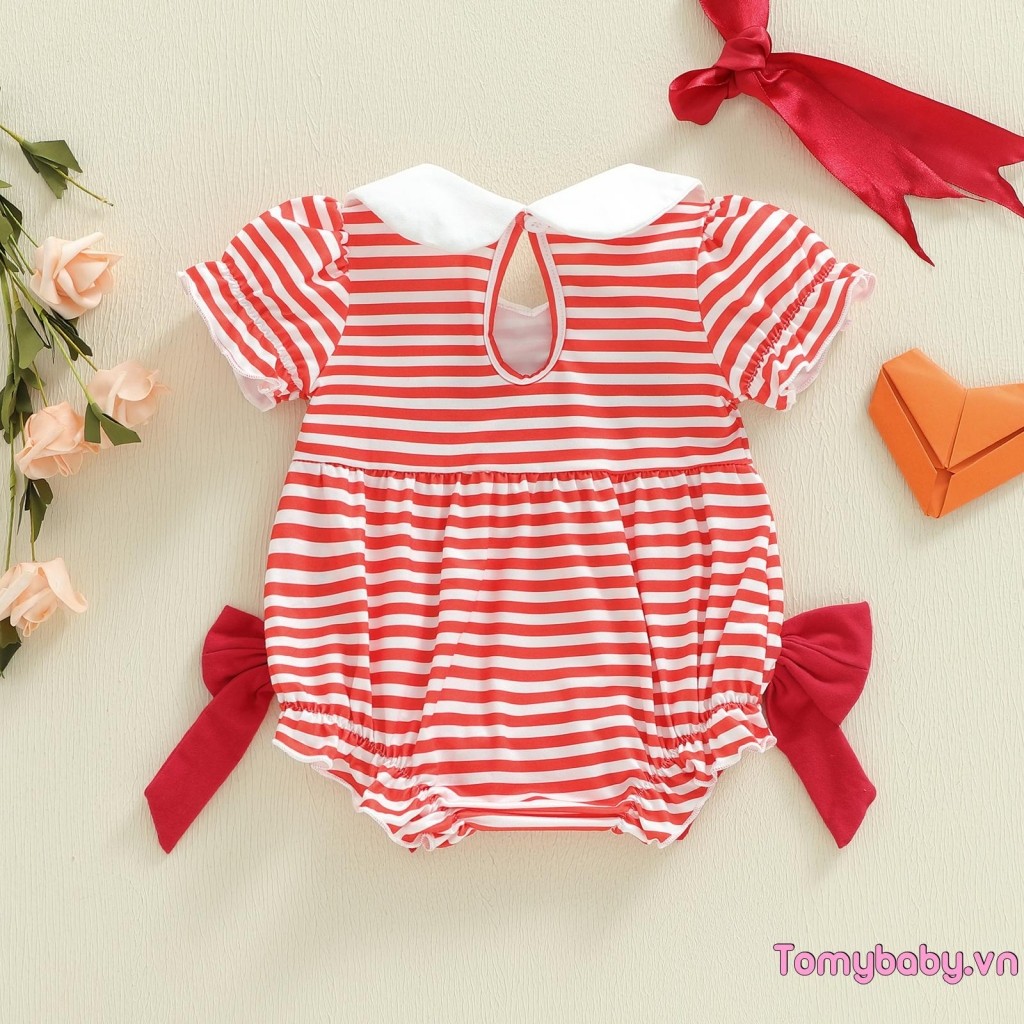 Bé Gái Áo Liền Quần Ngày Lễ Tình Nhân Tay Ngắn Cổ Búp Bê Sọc Thêu Trái Tim Trẻ Sơ Sinh Body