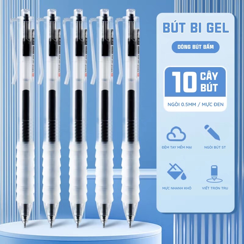 Bút bi màu xanh, đen, đỏ, ngòi 0.5mm viết êm - Set 10/20/30 bút gel mực nhanh khô, không lem dành cho học sinh