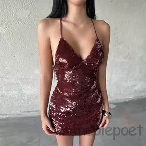 Đầm Mini MaplePoet Nữ - Cổ Chữ V, Thắt Lưng và Dây Spaghetti Sequin Lấp Lánh