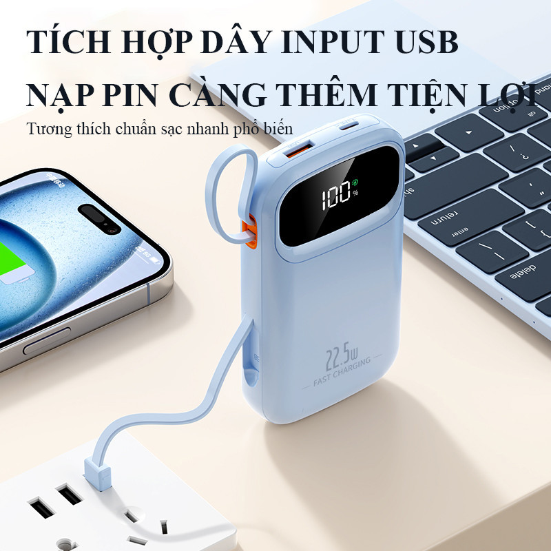 Sạc Dự Phòng 30000mAh Sạc Nhanh PD 22.5W Tự Tích Hợp Dây Đôi Quai Xách Màn Hình LED Đa Năng