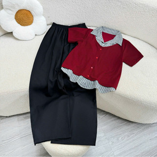 Set Bigsize Nữ Gồm Áo Kiểu Sơ Mi Cổ Đức Thiết Kế Phối Ghile May Liền Mix Quần Suông A338+q558