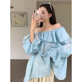 Áo sơ mi xếp ly cổ phẳng xù màu xanh kiểu Pháp xù kiểu dáng mỏng dáng rộng khí chất phù hợp với mọi trận đấu hàng ngày cho bé gái xuân thu mới hàng đầu hợp thời trang