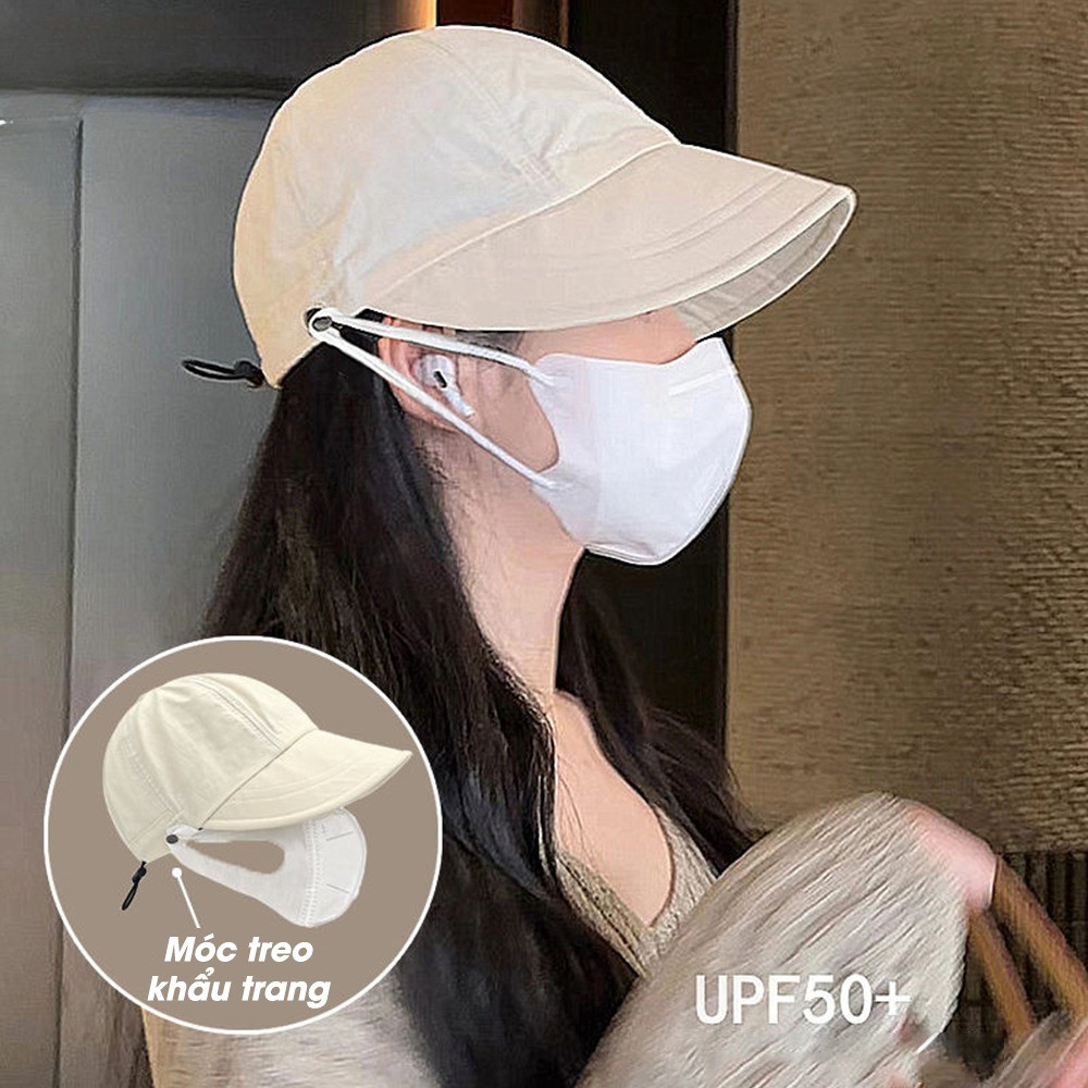 Mũ chống nắng Hàn Quốc, Nón vành rộng có móc đeo khẩu trang, chất liệu vải Acrylic khô nhanh thoáng mát cho ngày Hè 2023