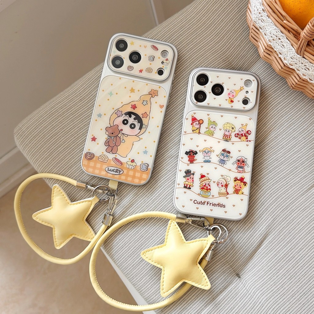 Tượng nhỏ màu vàng + dây treo Vỏ điện thoại cho iPhone 17 Pro Max, 17 16 15 14 13 Vỏ điện thoại chống rơi